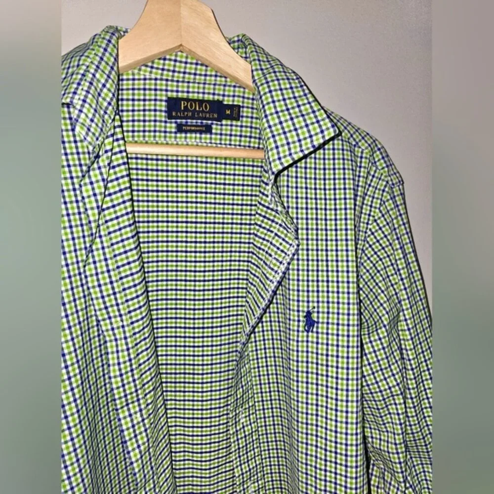 Polo Ralph Lauren Green Blue Check Mens Classic Fit Button Down Shirt Sz Medium - Picture 3 of 7